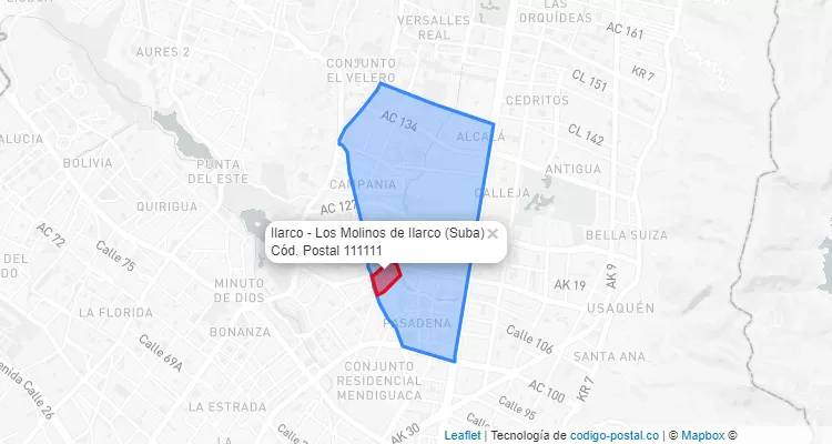Código Postal Barrio Ilarco - Los Molinos de Ilarco en Suba, Bogotá