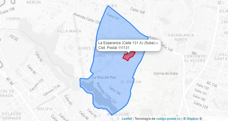 Código Postal Barrio La Esperanza (Calle 131 A) en Suba, Bogotá
