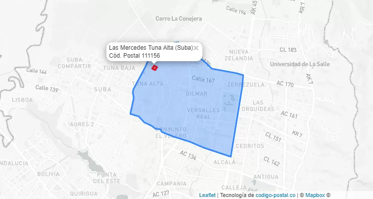 Código Postal Barrio Las Mercedes Tuna Alta en Suba, Bogotá