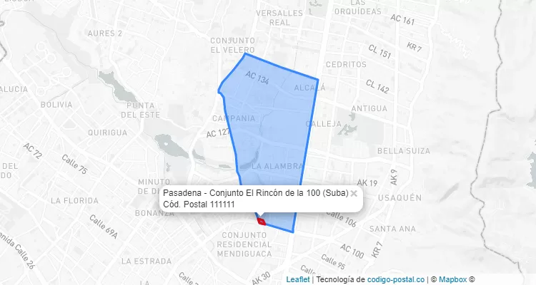 Código Postal Barrio Pasadena - Conjunto El Rincón de la 100 en Suba, Bogotá