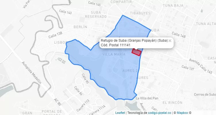 Código Postal Barrio Refugio de Suba (Granjas Popayán) en Suba, Bogotá