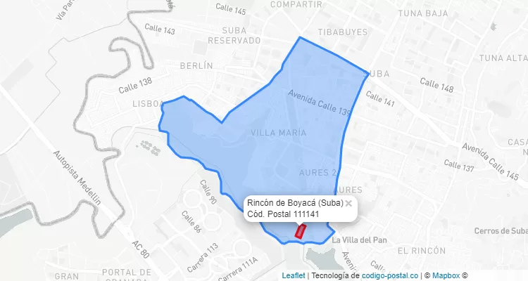 ZIP Code Locality Rincón de Boyacá in Suba, Bogotá