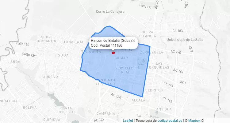 ZIP Code Locality Rincón de Britalia in Suba, Bogotá
