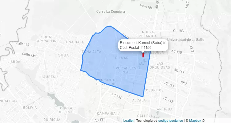 Código Postal Barrio Rincón del Karmel en Suba, Bogotá