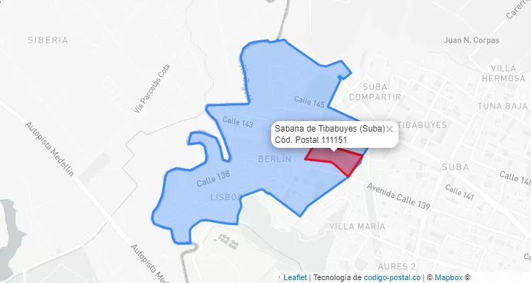 Código Postal Barrio Sabana de Tibabuyes en Suba, Bogotá