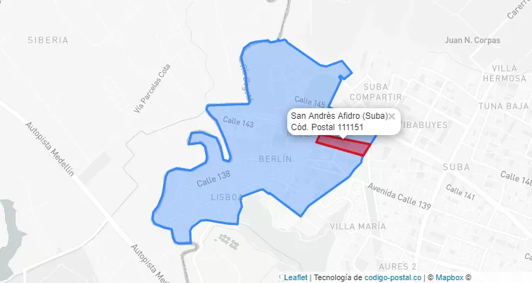 ZIP Code Locality San Andrés Afidro in Suba, Bogotá