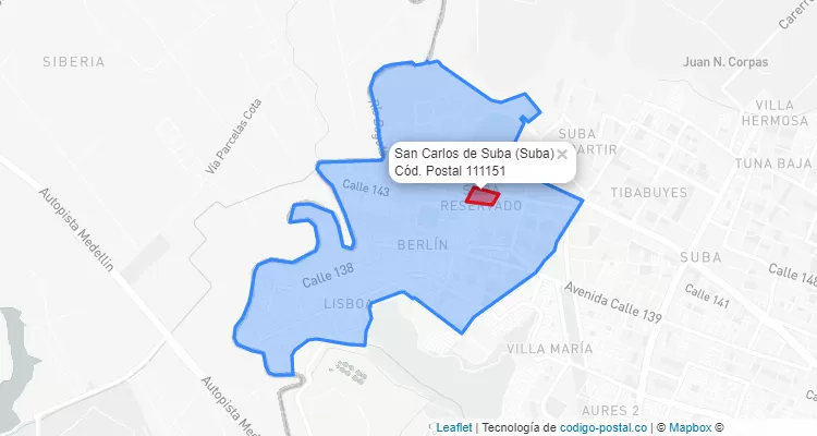 ZIP Code Locality San Carlos de Suba in Suba, Bogotá
