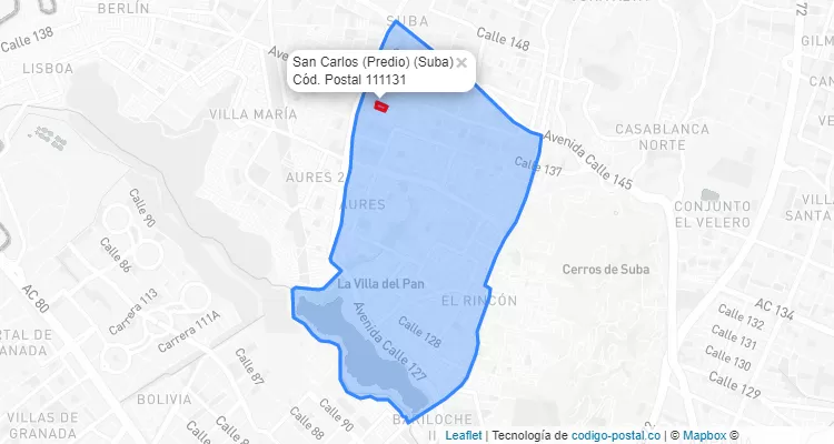 Código Postal Barrio San Carlos (Predio) en Suba, Bogotá