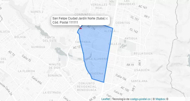 Código Postal Barrio San Felipe Ciudad Jardín Norte en Suba, Bogotá