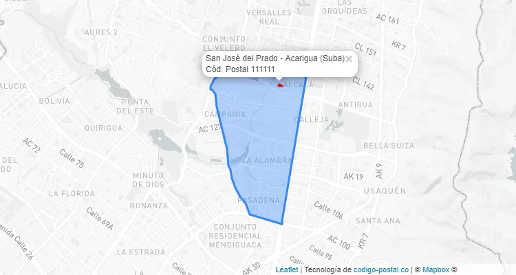 Código Postal Barrio San José del Prado - Acarigua en Suba, Bogotá