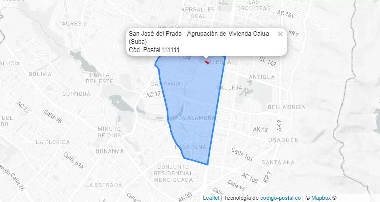 Código Postal Barrio San José del Prado - Agrupación de Vivienda Calua en Suba, Bogotá