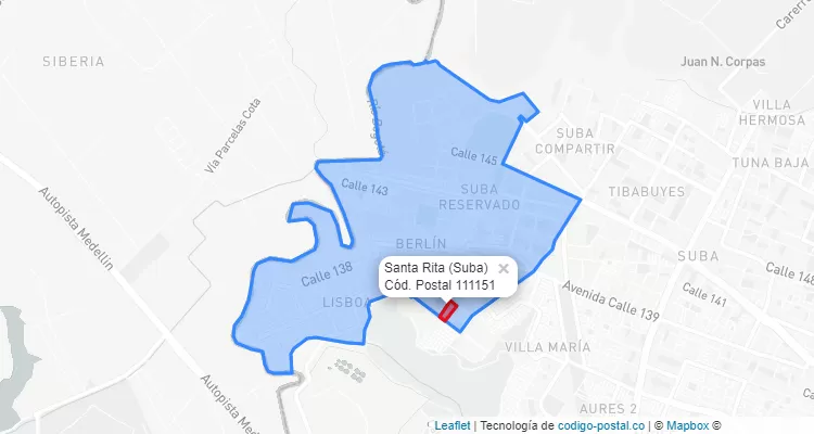 ZIP Code Locality Santa Rita in Suba, Bogotá
