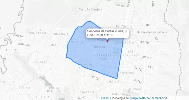 ZIP Code Locality Senderos de Britalia in Suba, Bogotá