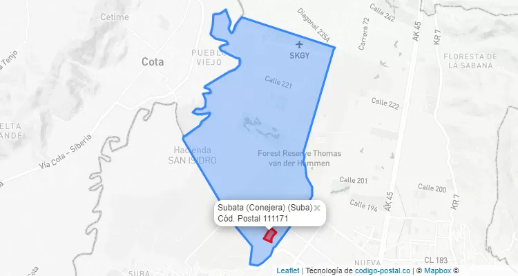 ZIP Code Locality Subata (Conejera) in Suba, Bogotá