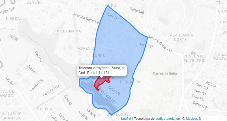 ZIP Code Locality Telecom Arrayanes in Suba, Bogotá