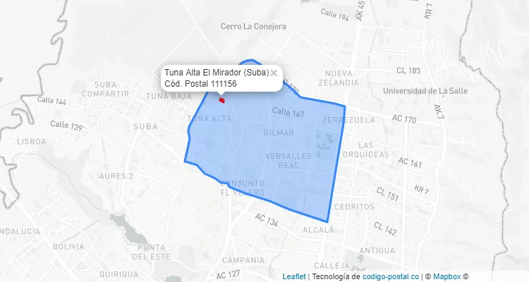 Código Postal Barrio Tuna Alta El Mirador en Suba, Bogotá