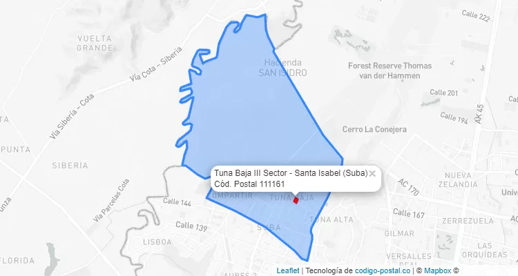 Código Postal Barrio Tuna Baja III Sector - Santa Isabel en Suba, Bogotá