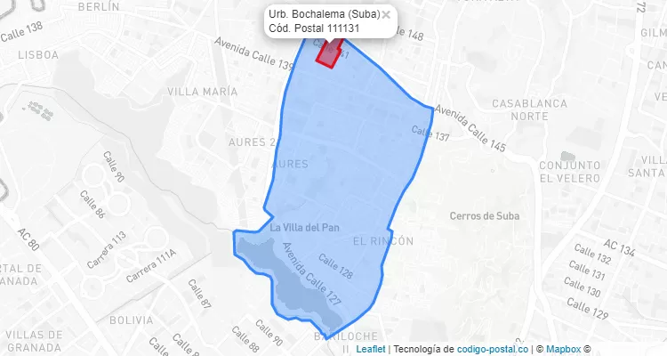Código Postal Barrio Urb. Bochalema en Suba, Bogotá