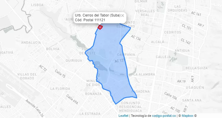 Código Postal Barrio Urb. Cerros del Tabor en Suba, Bogotá
