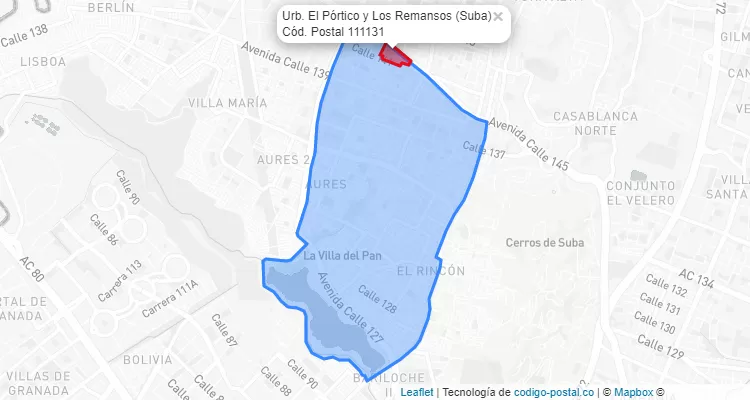 Código Postal Barrio Urb. El Pórtico y Los Remansos en Suba, Bogotá