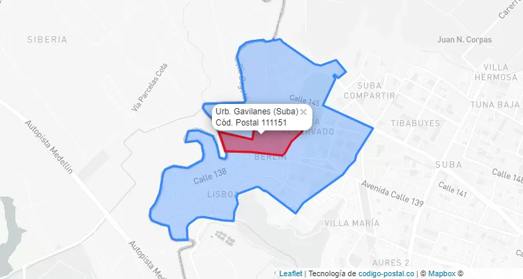 ZIP Code Locality Urb. Gavilanes in Suba, Bogotá