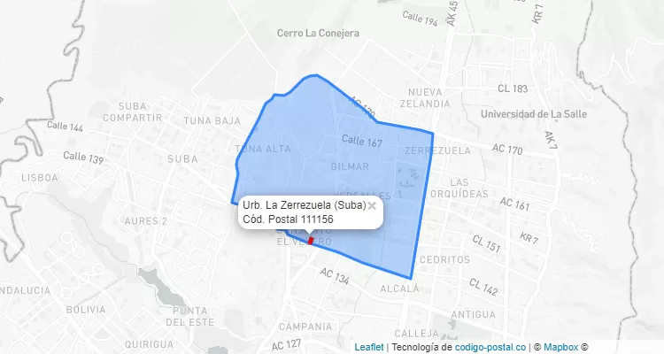 ZIP Code Locality Urb. La Zerrezuela in Suba, Bogotá