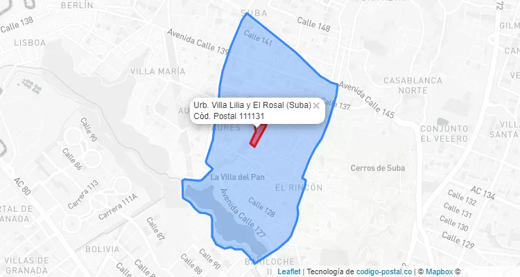 Código Postal Barrio Urb. Villa Lilia y El Rosal en Suba, Bogotá