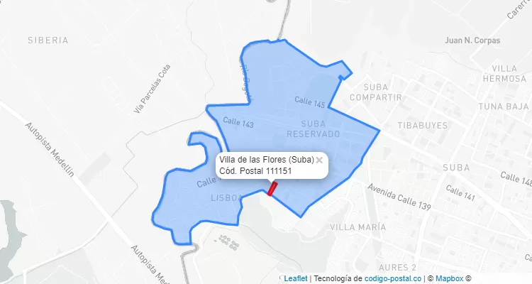 ZIP Code Locality Villa de las Flores in Suba, Bogotá