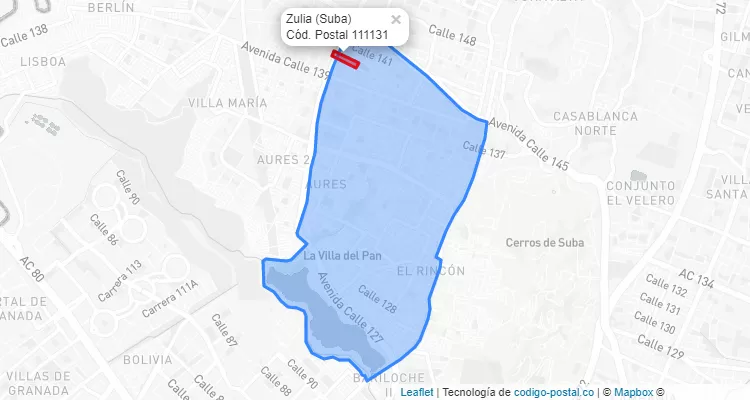 Código Postal Barrio Zulia en Suba, Bogotá