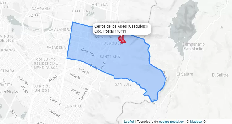 Código Postal Barrio Cerros de los Alpes en Usaquén, Bogotá