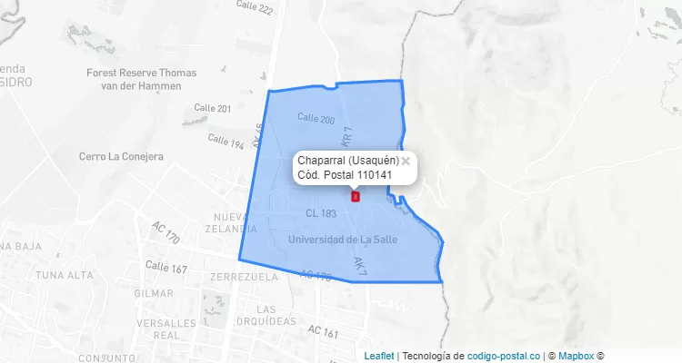 ZIP Code Locality Chaparral in Usaquén, Bogotá