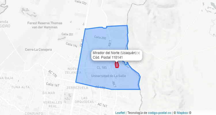 Código Postal Barrio Mirador del Norte en Usaquén, Bogotá