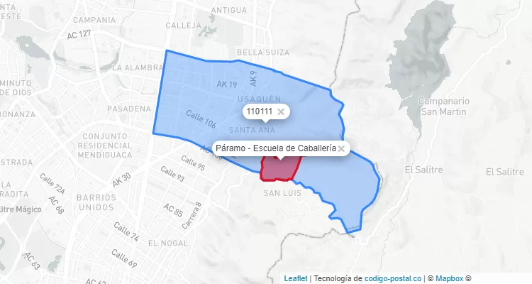 Código Postal Barrio Páramo - Escuela de Caballería en Usaquén, Bogotá