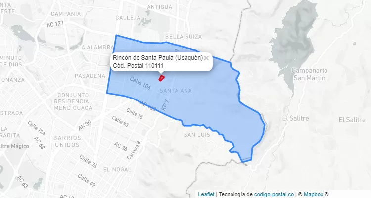 Código Postal Barrio Rincón de Santa Paula en Usaquén, Bogotá