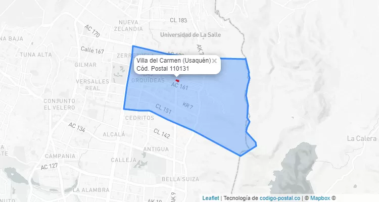 Código Postal Barrio Villa del Carmen en Usaquén, Bogotá