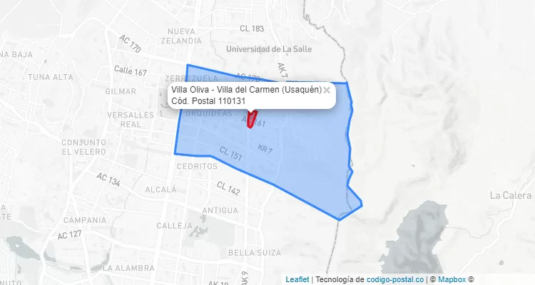 Código Postal Barrio Villa Oliva - Villa del Carmen en Usaquén, Bogotá